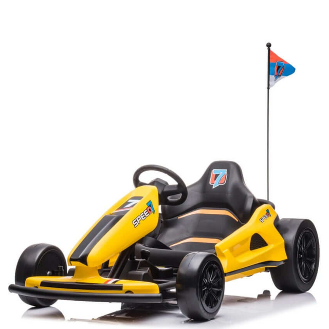The Yellow 24V Ultra-Violent Big Kids Complete Edition Drifting Go-Kart is perfect for high-speed drifting, featuring a black seat, small steering wheel, and four EVA-rubber wheels. It includes a triangular flag with 7 on the back and Speed emblazoned on the front for ultimate flair.