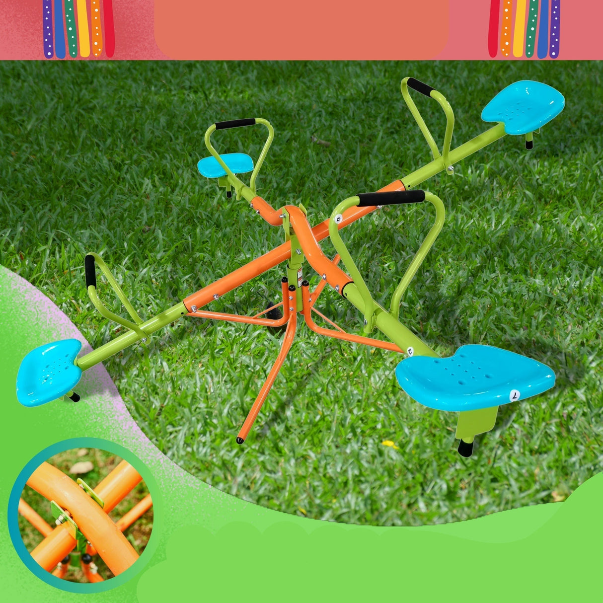 XSS004 Outdoor Playground Seesaw with 360-Degree Rotation for Kids, Sturdy Plastic Seats in Blue and Green