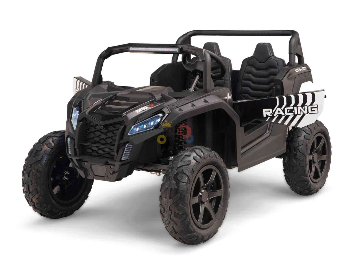Introducing the Black 24V/180W XXL Big Kids Blade XR Ride on Buggy, a black and white toy with ECO leather seats, LED headlights, large rugged wheels, roll cage design, RACING printed on the side, and inflatable rubber tires for an authentic off-road experience.