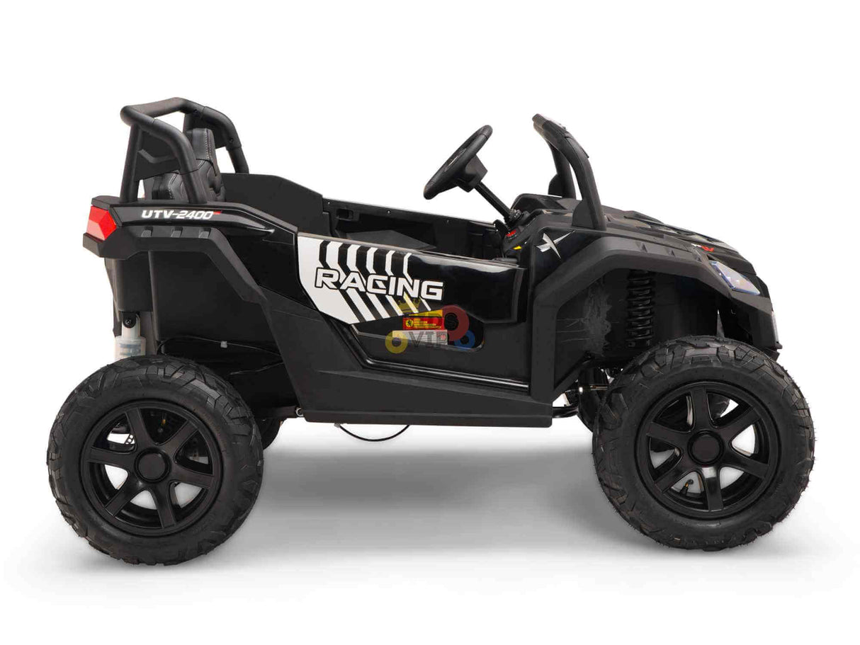 The Black 24V/180W XXL Big Kids Blade XR Ride on Buggy, with Racing on the side, features inflatable rubber tires and a steering wheel. Designed compactly to resemble an off-road vehicle, its side view highlights a sporty appearance.