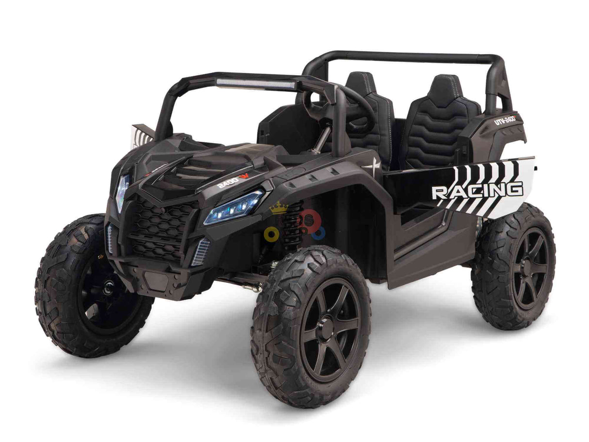 The Black 24V/180W XXL Big Kids Blade XR Ride on Buggy resembles an off-road vehicle with RACING on the side, ECO Leather Seats, inflatable rubber tires, a structured seat with backrests, and a steering wheel, perfect for childrens play.