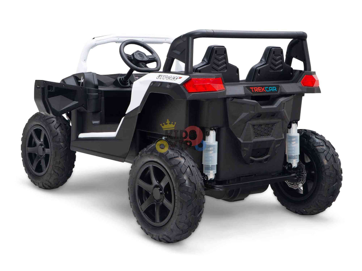 The White 24V/180W XXL Big Kids Blade XR Ride On Buggy features two seats, rugged inflatable rubber tires, a black and white design, and a steering wheel for an off-road adventure that brings the Blade XR Edition vibe alive for young drivers.