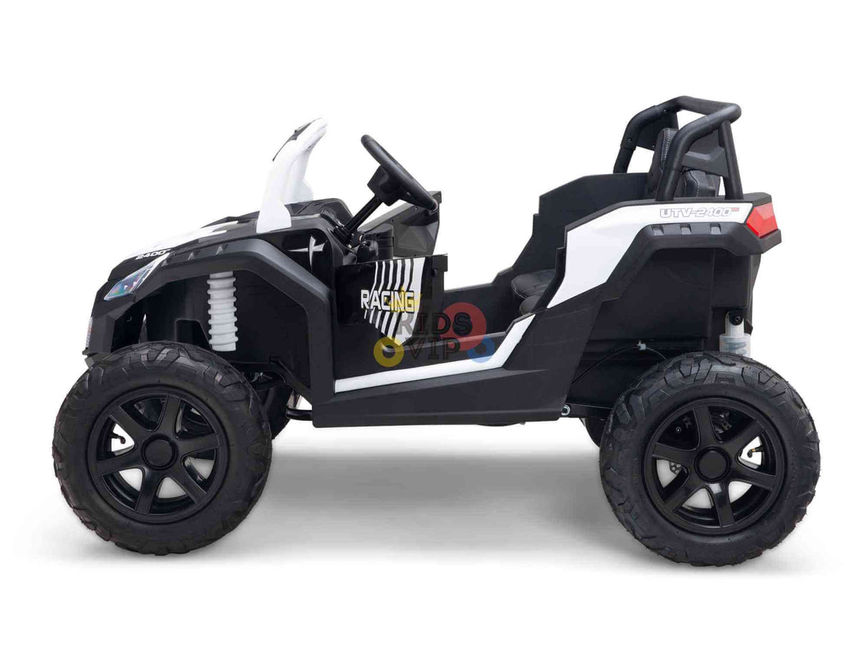 Side view of the White 24V/180W XXL Big Kids Blade XR Ride On Buggy with large inflatable rubber tires, roll bar, and bold Racing decals. This sporty toy jeep is perfect for outdoor adventures.