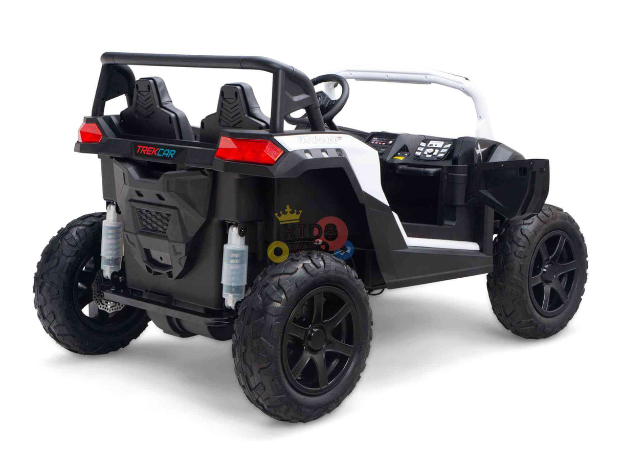 The White 24V/180W XXL Big Kids Blade XR Ride-On Buggy has inflatable rubber tires, a black and white body, open seating for two, and an off-road-inspired dashboard, ideal for adventurous kids.