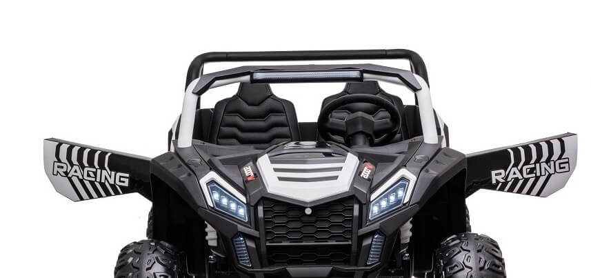 Introducing the White 24V/180W XXL Big Kids Blade XR Ride on Buggy, an electric toy car inspired by off-road vehicles with inflatable rubber tires, RACING open doors, a sleek black and white look, and realistic front headlights for adventurous rides.
