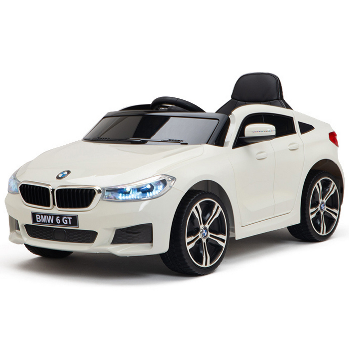The White 12V BMW GT Kids Licensed 1 Seater Ride On Car features a sleek design with a white body, black seat and steering wheel, iconic BMW logo, detailed headlights, chrome-accented wheels, side mirrors, and a BMW 6 GT license plate.