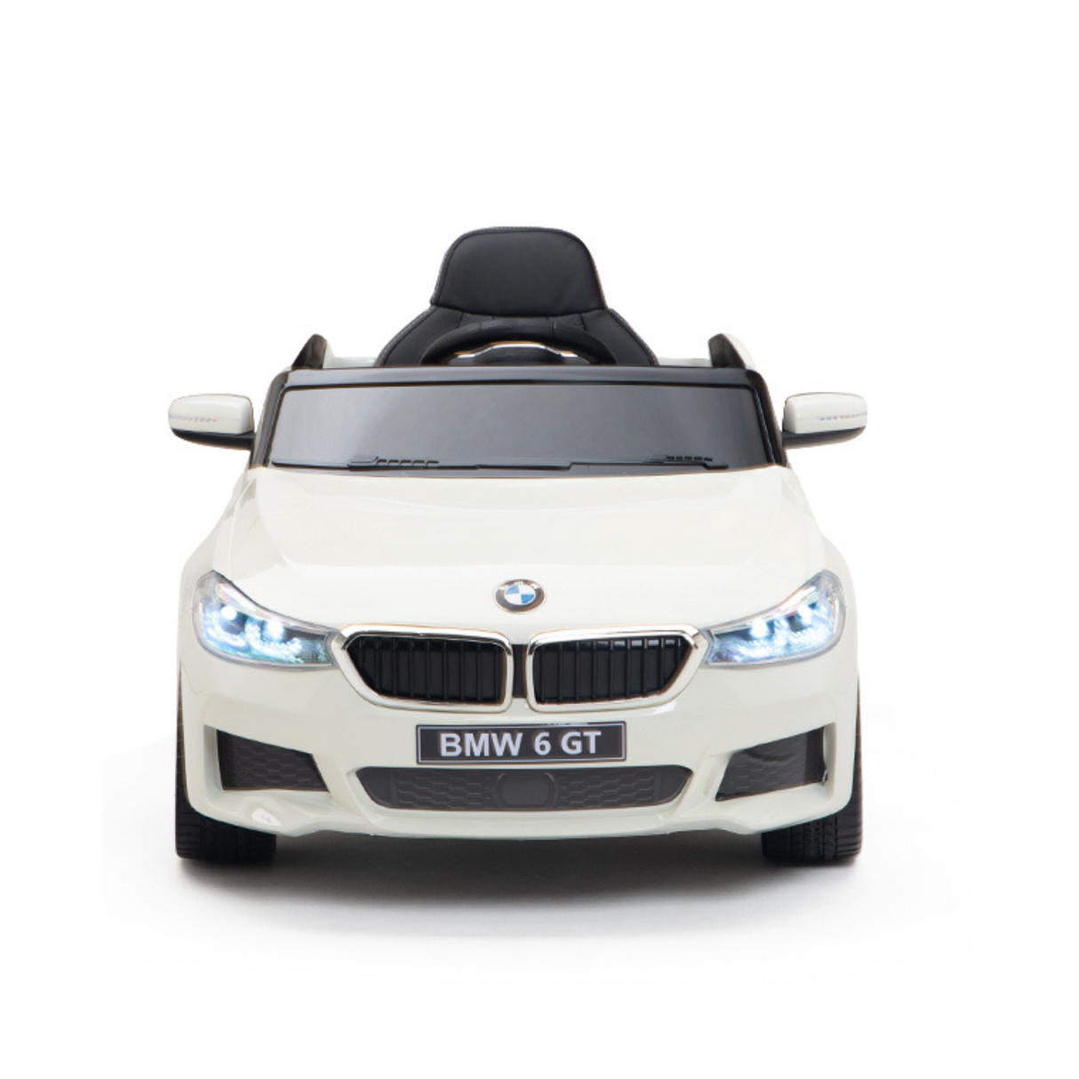 The White 12V BMW GT Kids Licensed 1 Seater Ride On Car features realistic details like headlights, mirrors, a front grille, and a license plate. With the true essence of driving adventure, this electric toy with rubber wheels and remote offers an authentic play experience.