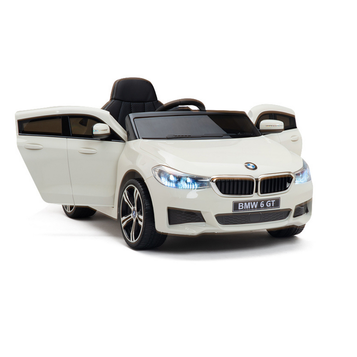 The licensed white 12V BMW GT ride-on car for kids features rubber wheels, a single black seat, opening doors, a steering wheel, and illuminated headlights for an exciting electric car experience.