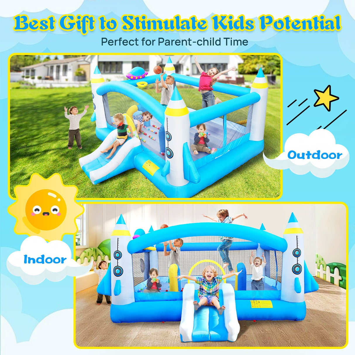 Multifunctional Jump 'n Slide Inflatable Bouncer for Kids Complete Setup with Blower - 198' x 180' Play Area - 96' Tall