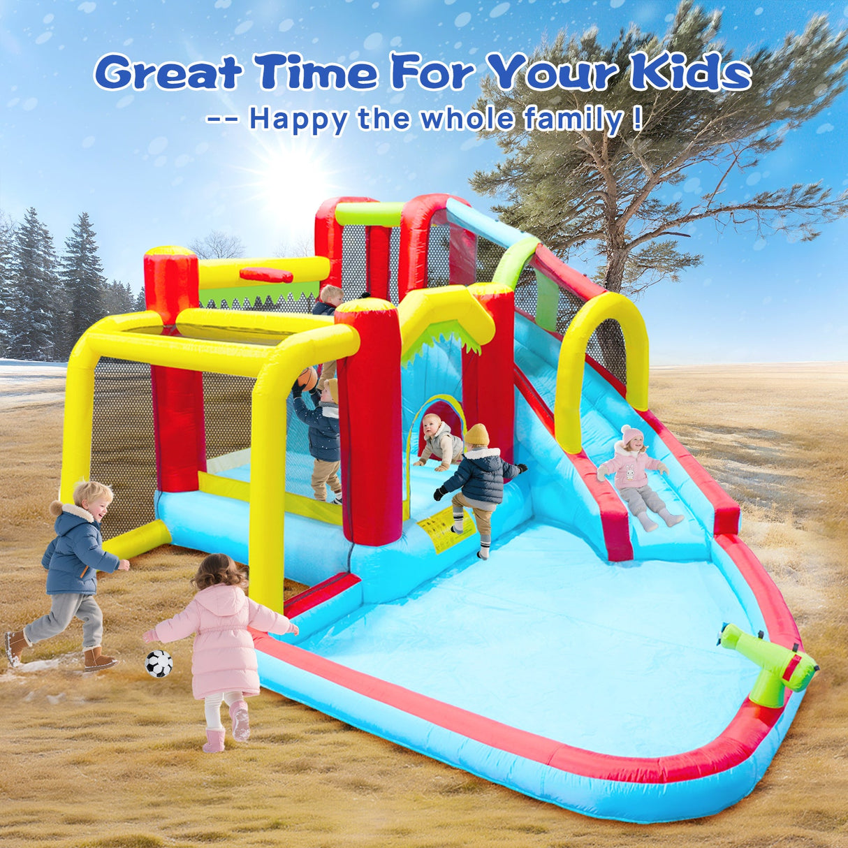 7 in1 Inflatable slide water park bouncing house outdoor Soccer garden bouncer with Splash pool & Water gun & Climbing wall & Basketball & Football