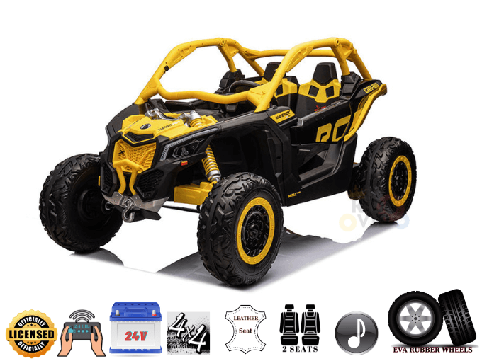 The Yellow 2x24V/4WD Official Can-Am Maverick Ride-on Buggy, LX Performance, is a rugged marvel with large tires, leather seats, MP3 connectivity, and EVA rubber wheels. It comfortably seats two for adventurous rides.