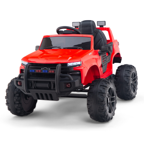 The Red 24V Chevrolet Silverado Kids Licensed Ride-On SUV is a rugged one-seater toy truck, featuring oversized black wheels, side mirrors, headlights, and a small steering wheel—perfect for childrens off-road adventures.