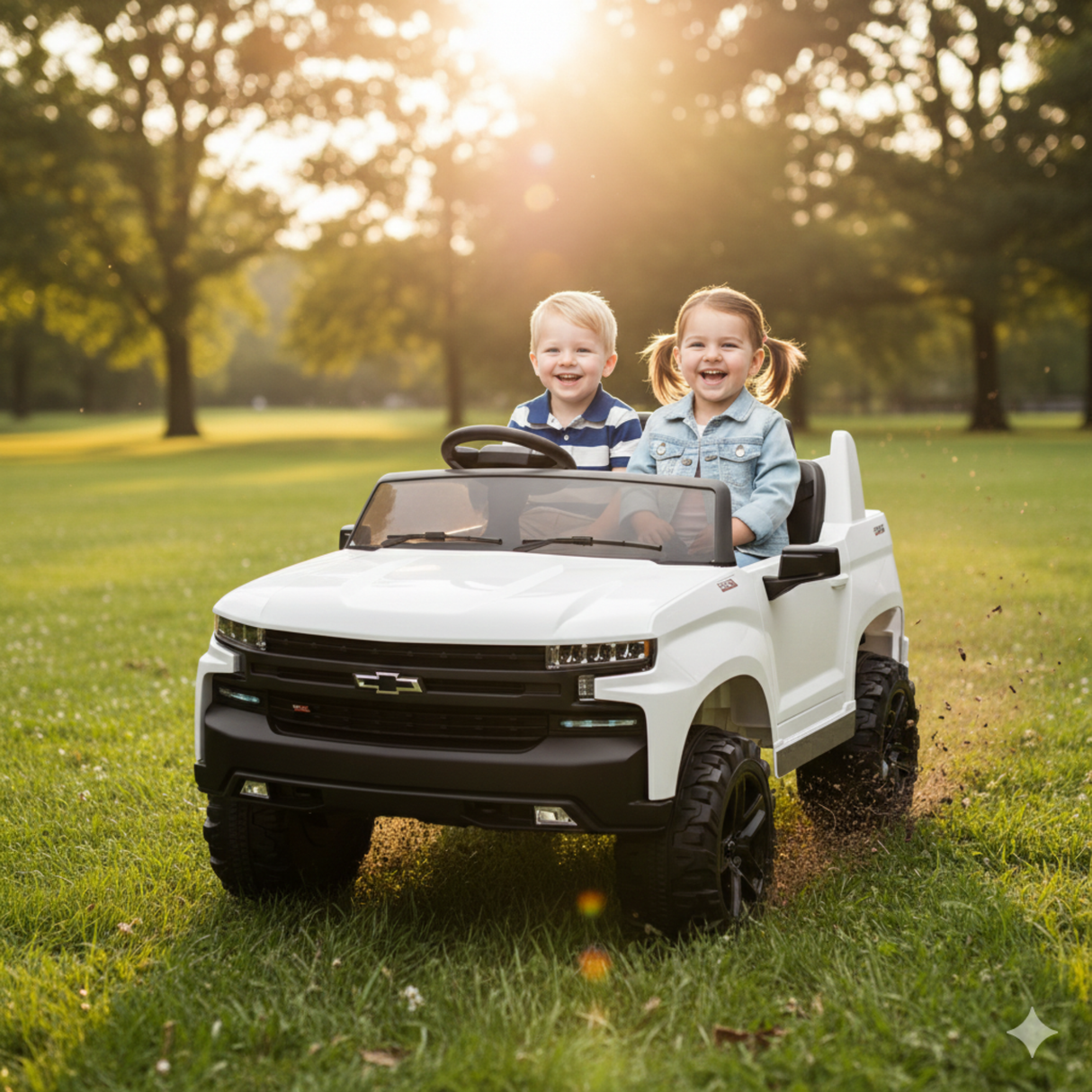 White 24V Chevrolet Silverado Kids Licensed 2 Seater Ride On Truck with Music, Rc