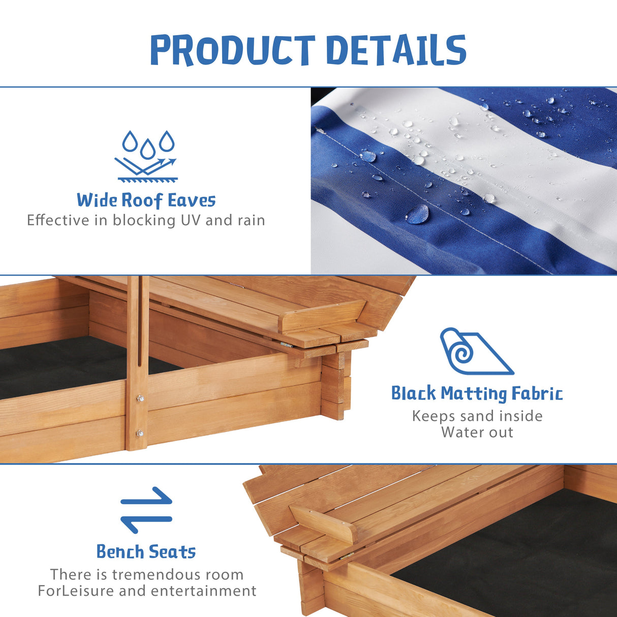 Kids Sandbox with Adjustable Cover, 46'' Wooden Sand Box with 2 Foldable Bench Seats, Outdoor Sandpit for Backyard Play