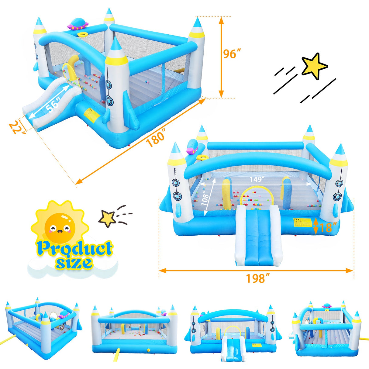 Multifunctional Jump 'n Slide Inflatable Bouncer for Kids Complete Setup with Blower - 198' x 180' Play Area - 96' Tall