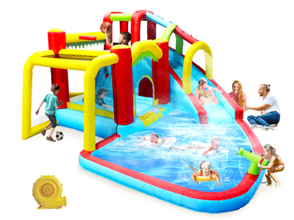 7 in1 Inflatable slide water park bouncing house outdoor Soccer garden bouncer with Splash pool & Water gun & Climbing wall & Basketball & Football