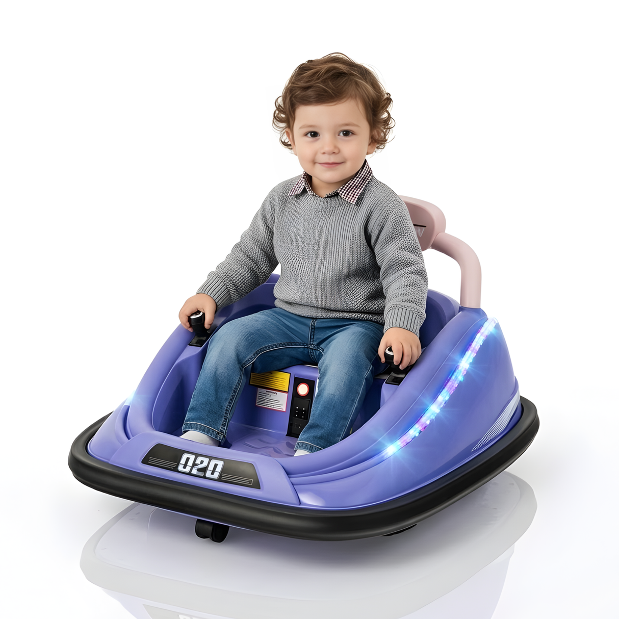 Purple 12V 360° Spin Electric Rechargeable Ride-On Bumper Car with LED Lights, Music, Remote Control