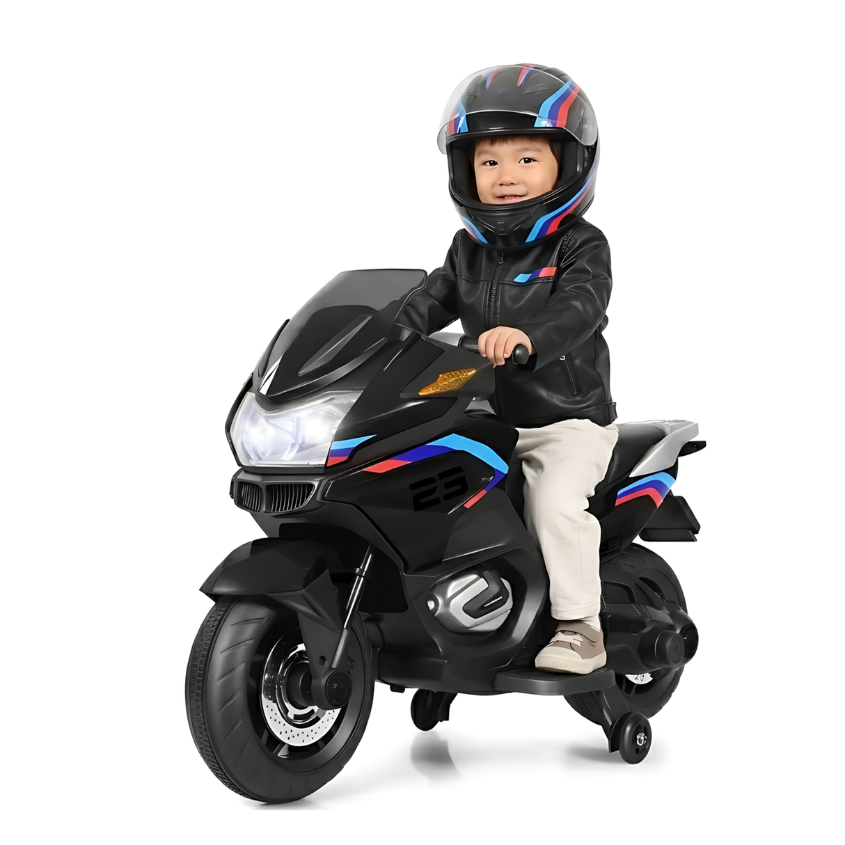 Black 12V Kids Electric Ride-On Motorcycle with Training Wheels