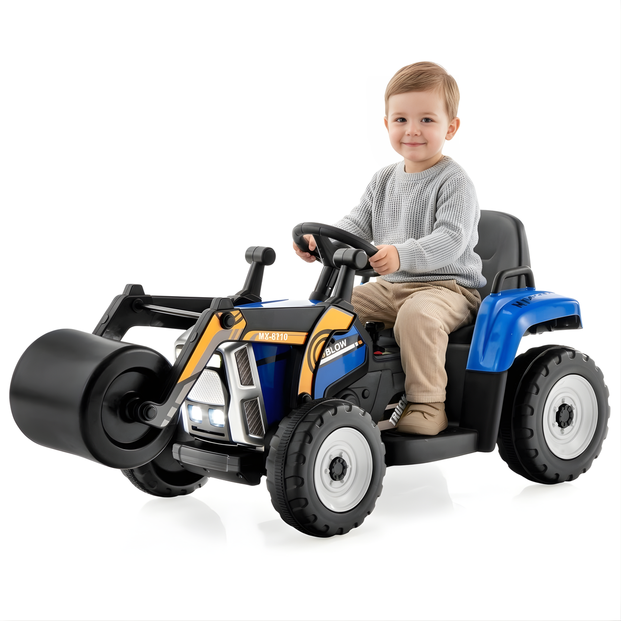 12V Blue Ride-On Road Roller with Adjustable Arm, Drum Roller, Music, Remote