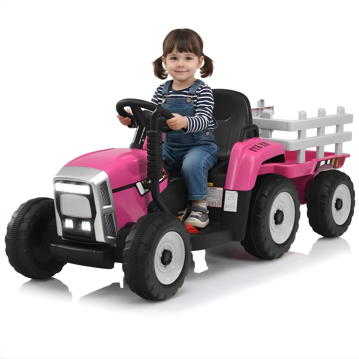 12V Kids Pink 1-Seater Ride-On Tractor with Detachable Trailer, Remote Control