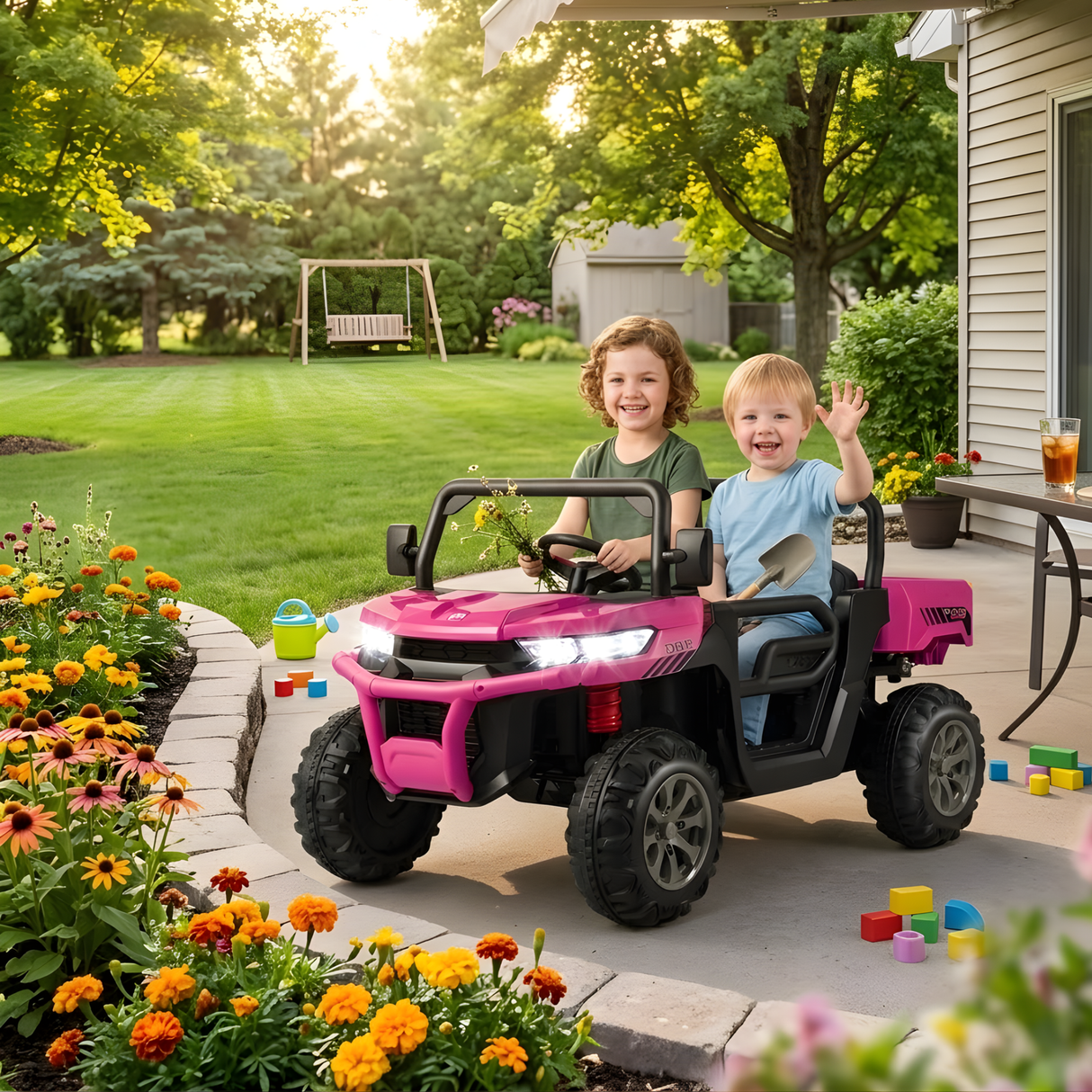 24V Kids Pink 2-Seater Ride-On Dump Truck with Electric Dump Bed, Lights, Music, Remote