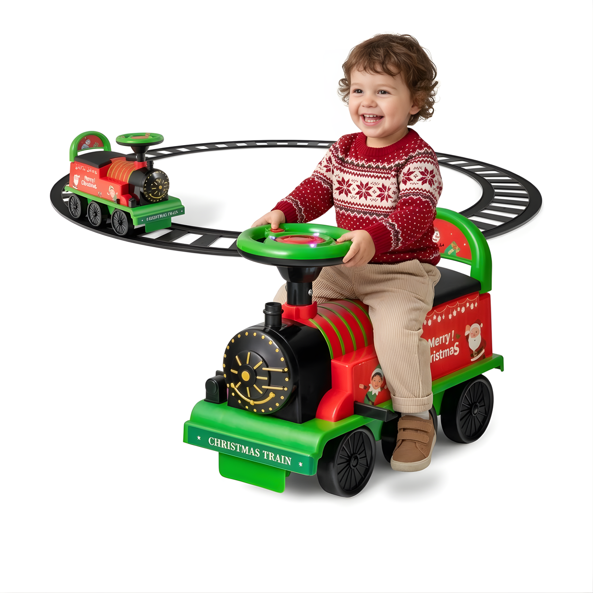 Red 6V 2-in-1 Kids Ride-On Train with Circular Track, Lights, Sound
