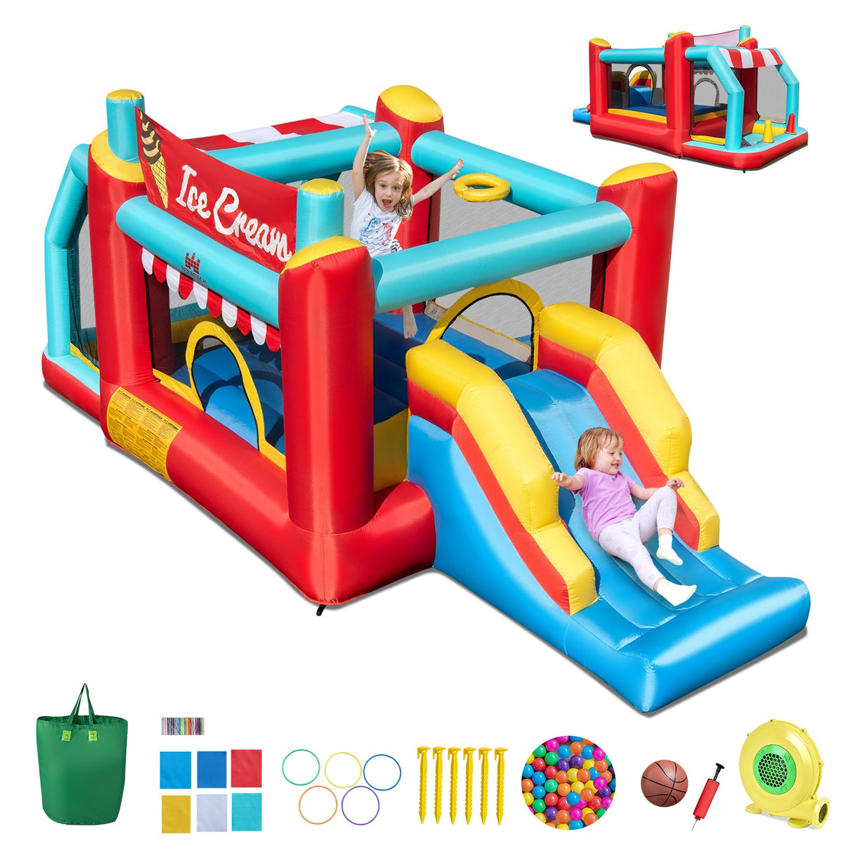 5-in-1 Ice Cream Inflatable Bounce House with Ball Pit and Slide with 480W Blower