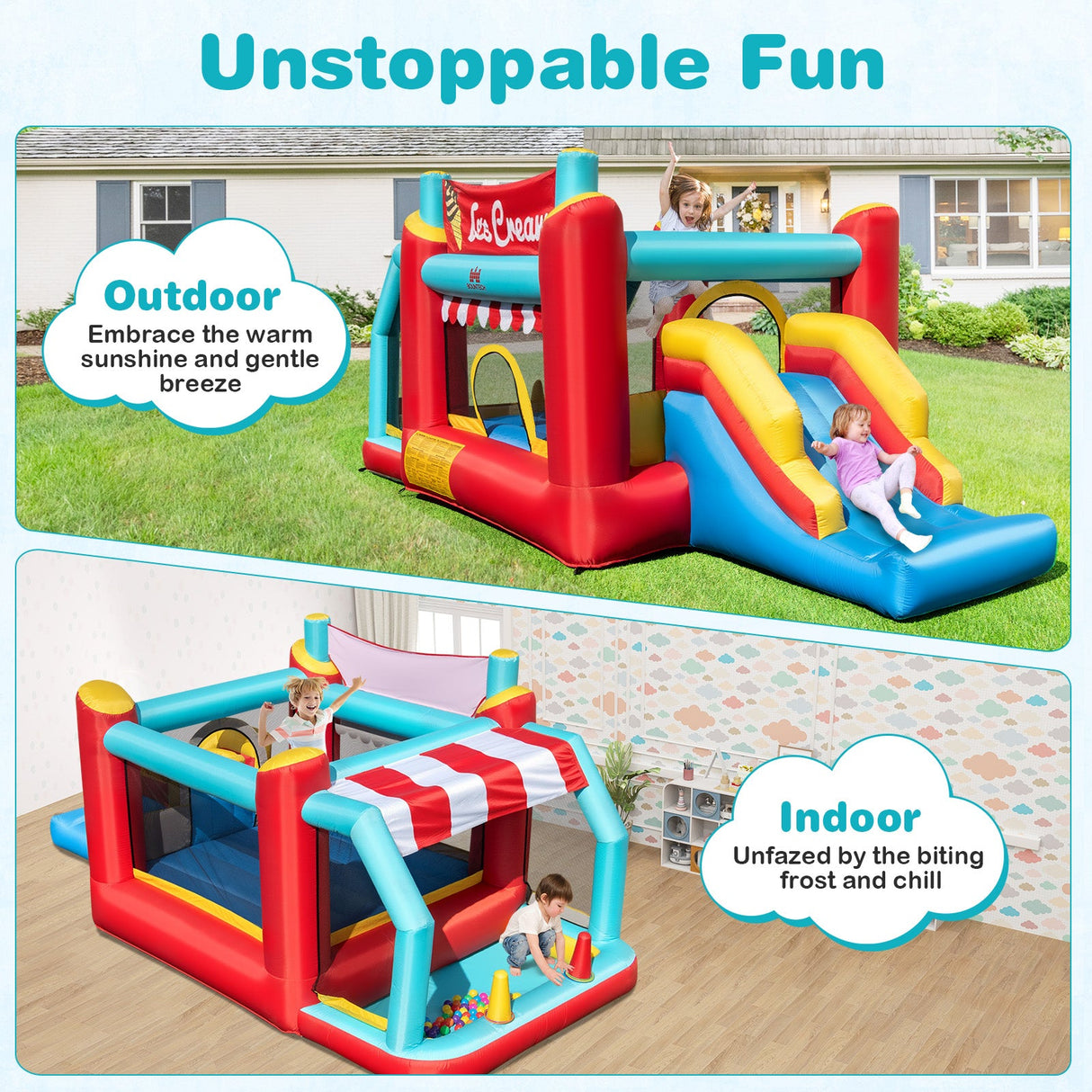5-in-1 Ice Cream Inflatable Bounce House with Ball Pit and Slide with 480W Blower