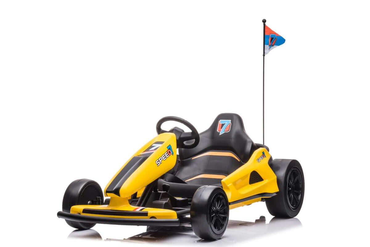 The Yellow 24V Ultra-Violent Big Kids Complete Edition Drifting Go-Kart, featuring SPEED on its yellow and black side, has EVA-rubber wheels, a steering wheel, and a white flag with blue and red design—ideal for high-speed drifting excitement.