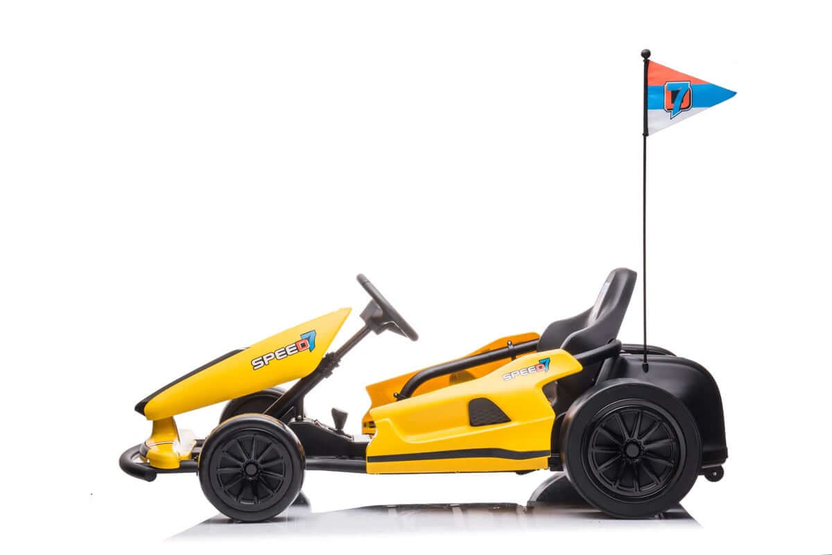 The Yellow 24V Ultra-Violent Big Kids Complete Edition Drifting Go-Kart boasts a bright yellow design with a Speed logo, black EVA-rubber wheels, and a steering wheel. It features a high-speed drifting capability and includes a flag in blue, white, and red on a plain white background.