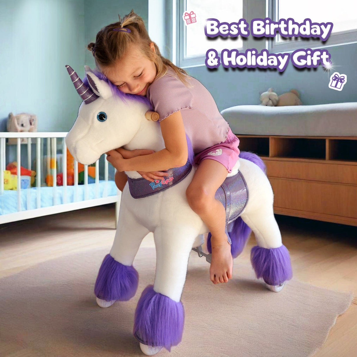 Toddlers Purple Indoor/Outdoor Ride-On Pony with Cushioned Seat, Anti-Slip Wheels (Ages 3–4)