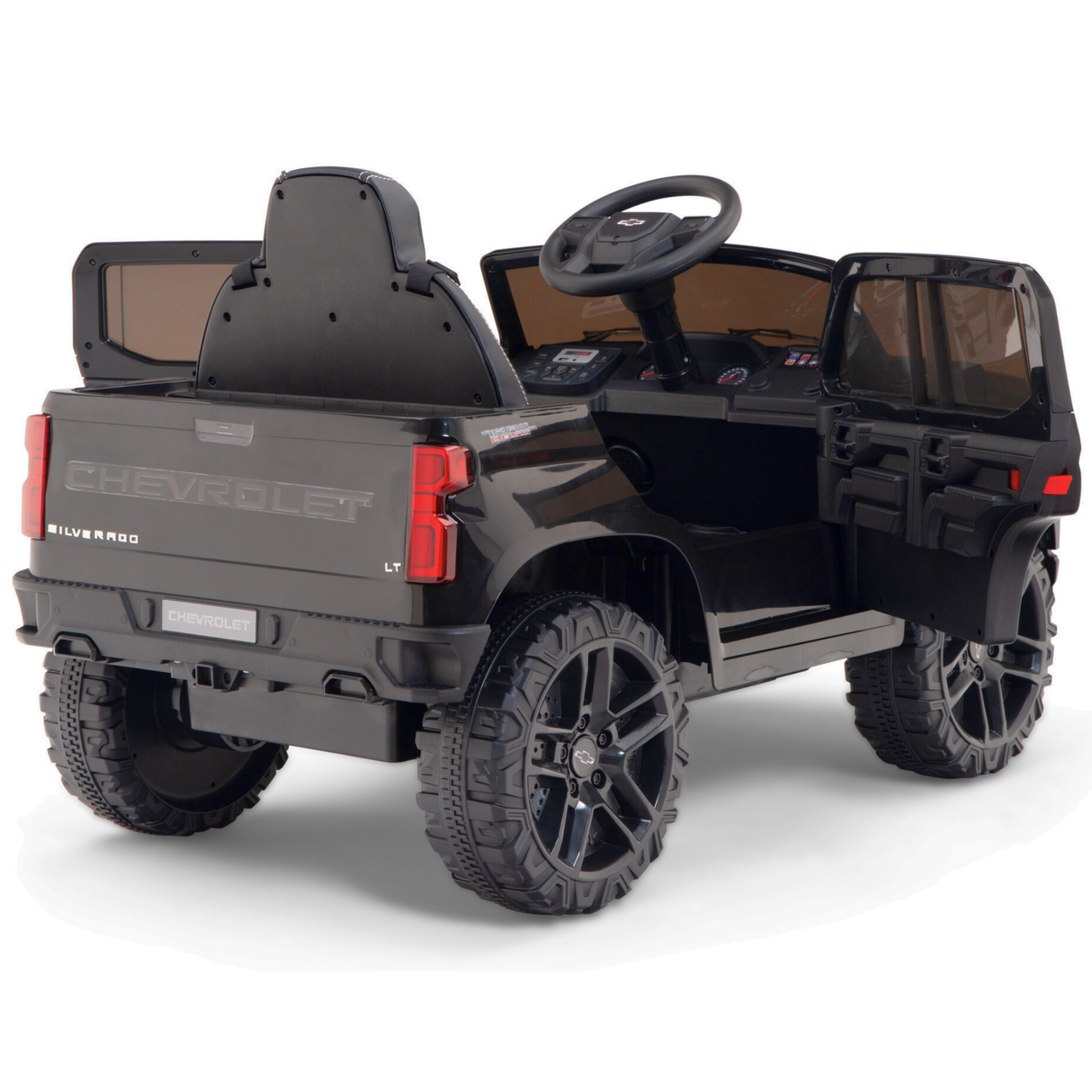 Black 12V Chevrolet Silverado Kids Licensed 1 Seater Ride On Truck with Music, Remote