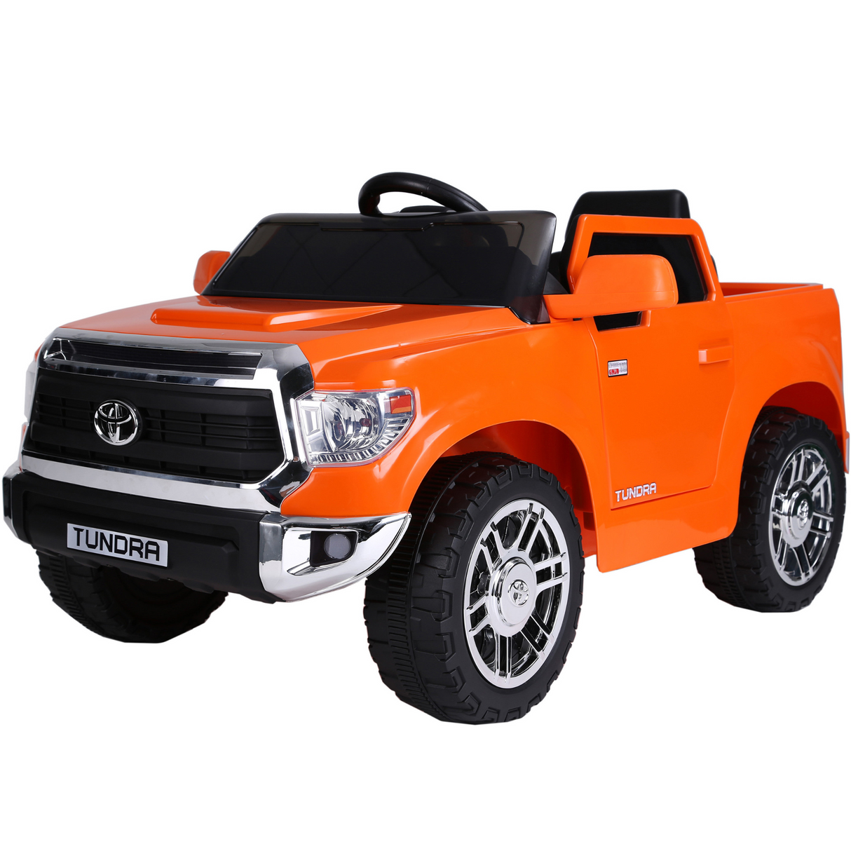 The Orange 12V Licensed Upgraded Toyota Tundra Kids Ride-On Truck with RC, featuring an orange body, black wheels, and steering wheel, has Tundra on the doors and license plate. Front headlights enhance this adventurous 1-seater fun!.