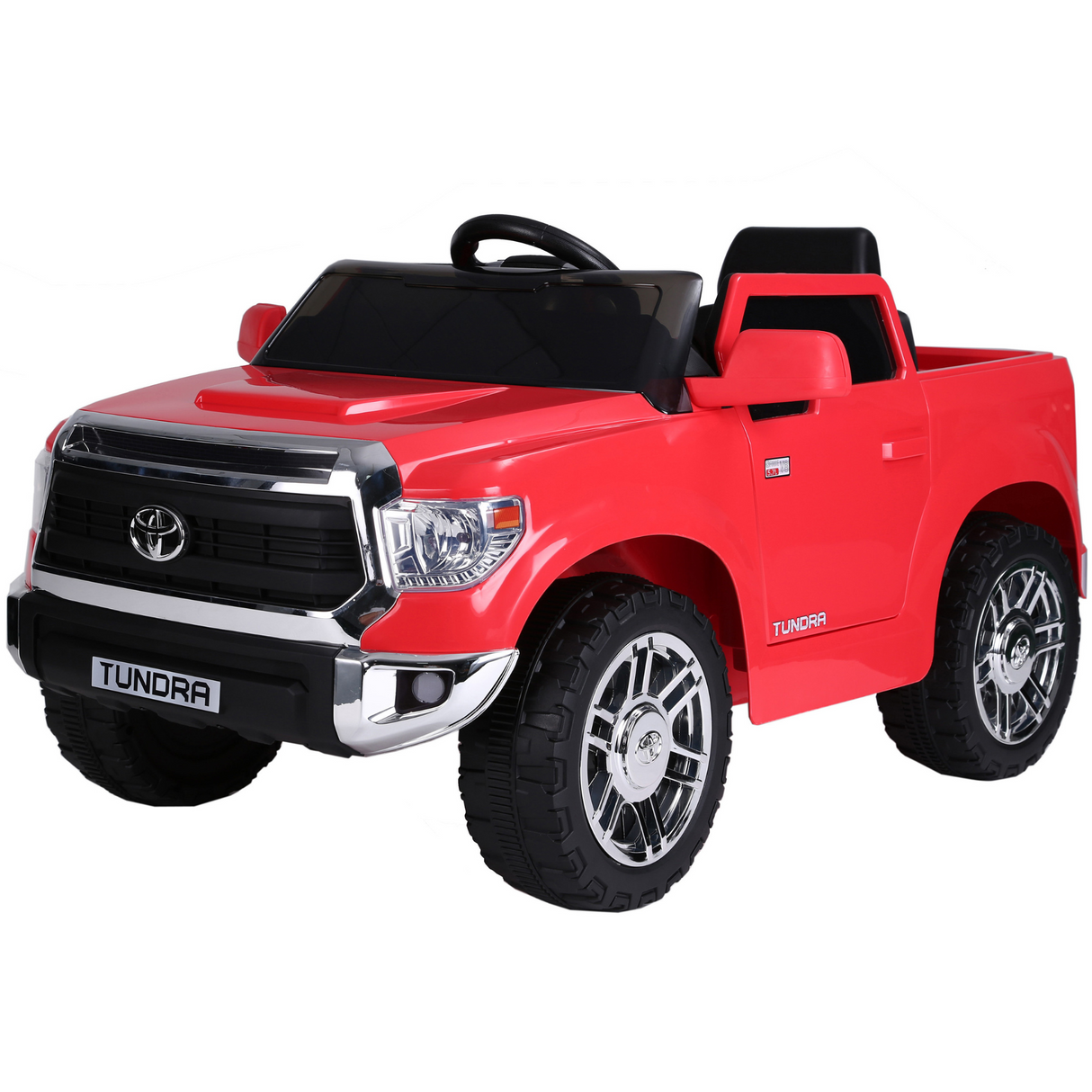 The Red 12V Licensed Upgraded Toyota Tundra 1 Seater Kids Ride On Truck features a realistic design with large wheels, steering wheel, side mirrors, black detailing, and a shiny finish. The parental remote control ensures safe playtime with the Toyota Tundra branding and realistic front grille.