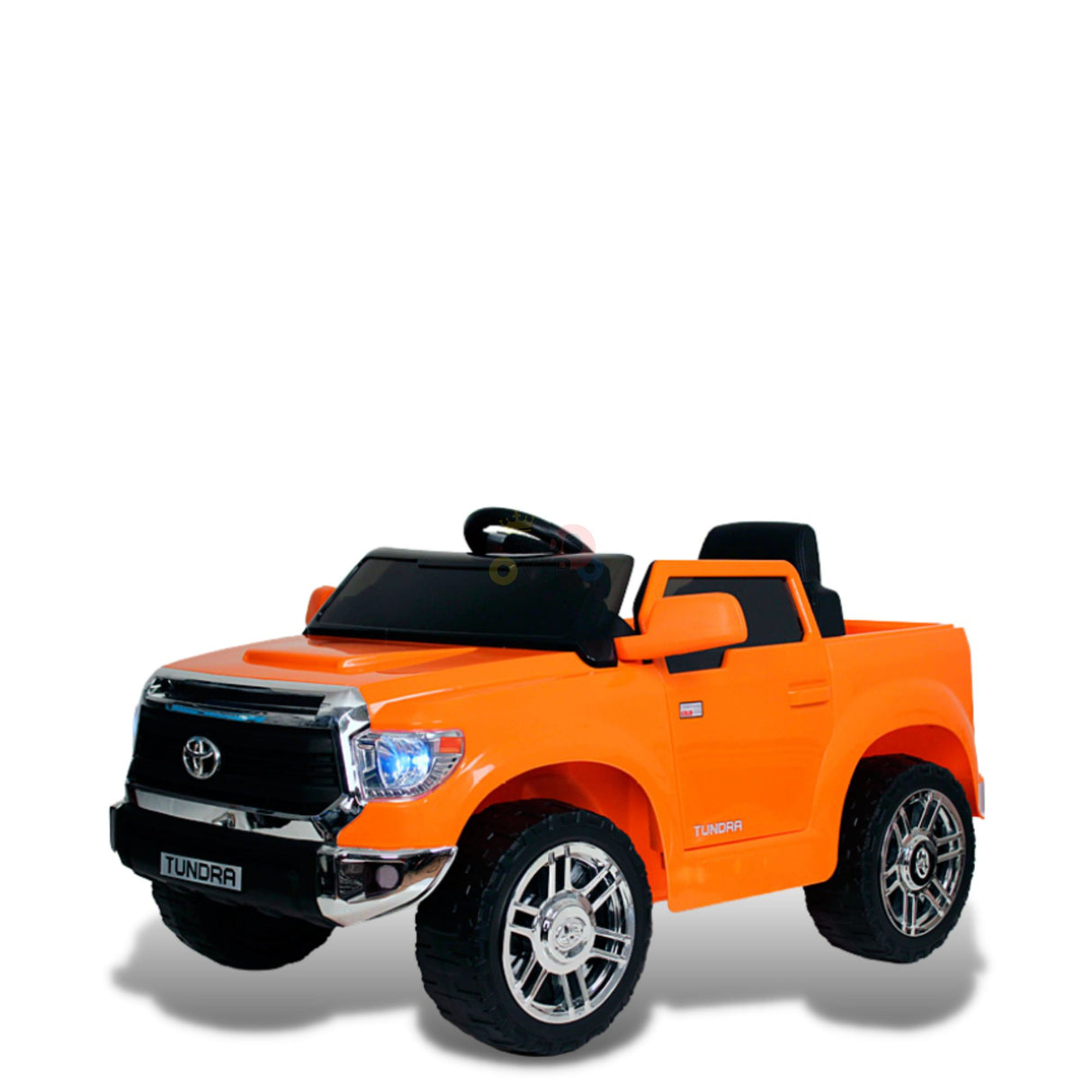The Orange 12V Licensed Upgraded Toyota Tundra 1 Seater Kids Ride On Truck with RC features a black interior and silver wheels, accented with working headlights and branding on the front grille and license plate, set on a white background.