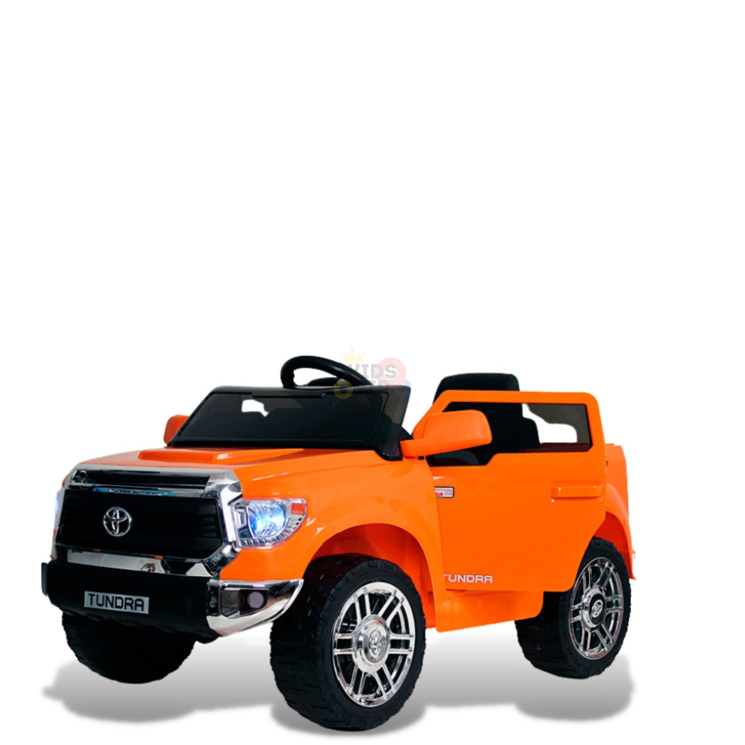 The Orange 12V Licensed Toyota Tundra Kids Ride-On Truck features a black steering wheel, silver grille, and detailed wheels, mimicking a real pickups rugged style on a plain white background.