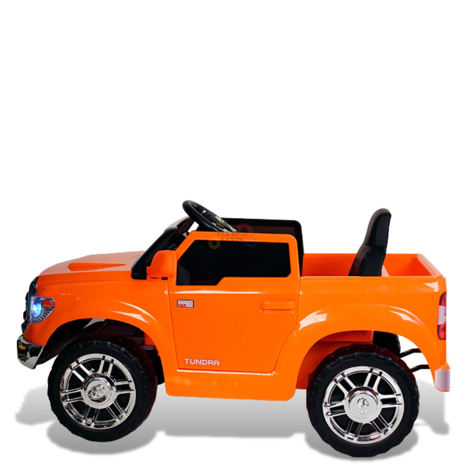 The Orange 12V Licensed Upgraded Toyota Tundra 1 Seater Kids Ride On Truck with RC features chrome wheels and a visible steering wheel, resembling a real Toyota Tundra. Its perfectly showcased against a plain white background.