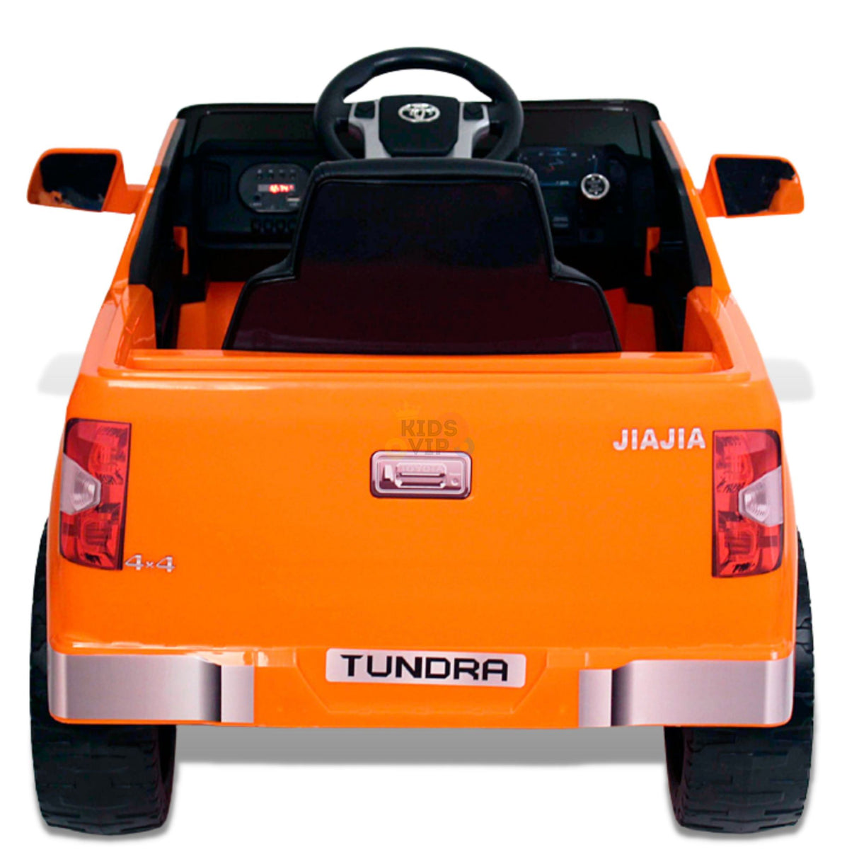 The Orange 12V Licensed Upgraded Toyota Tundra 1 Seater Kids Ride On Truck with RC features a steering wheel, mirrors, a 4x4 emblem, and tail lights, offering realistic details that mimic the full-sized version for adventurous playtime.