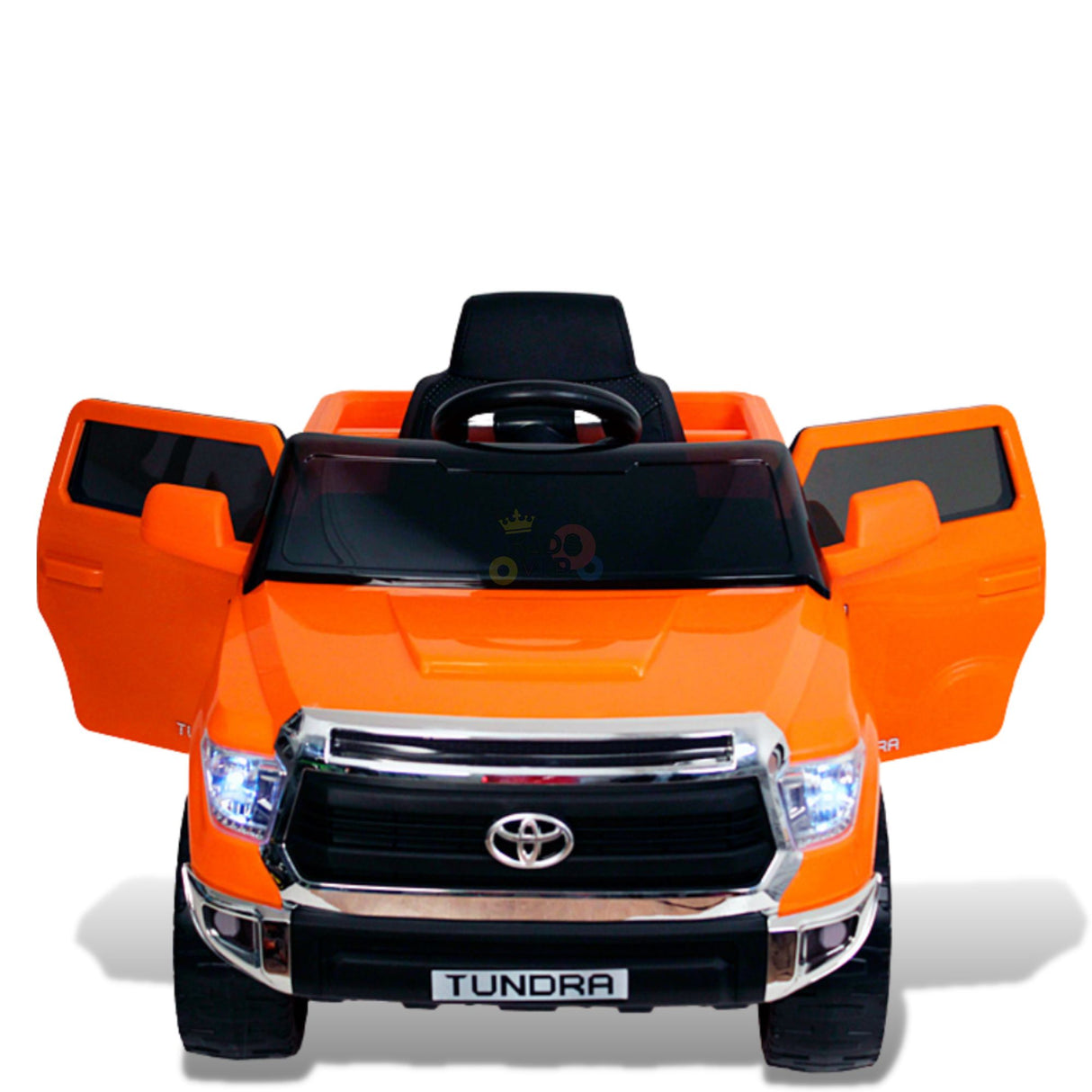 The Orange 12V Licensed Upgraded Toyota Tundra 1 Seater Kids Ride On Truck features a bright orange exterior with opening doors, blue headlights, and a black interior, all set against a plain white background.
