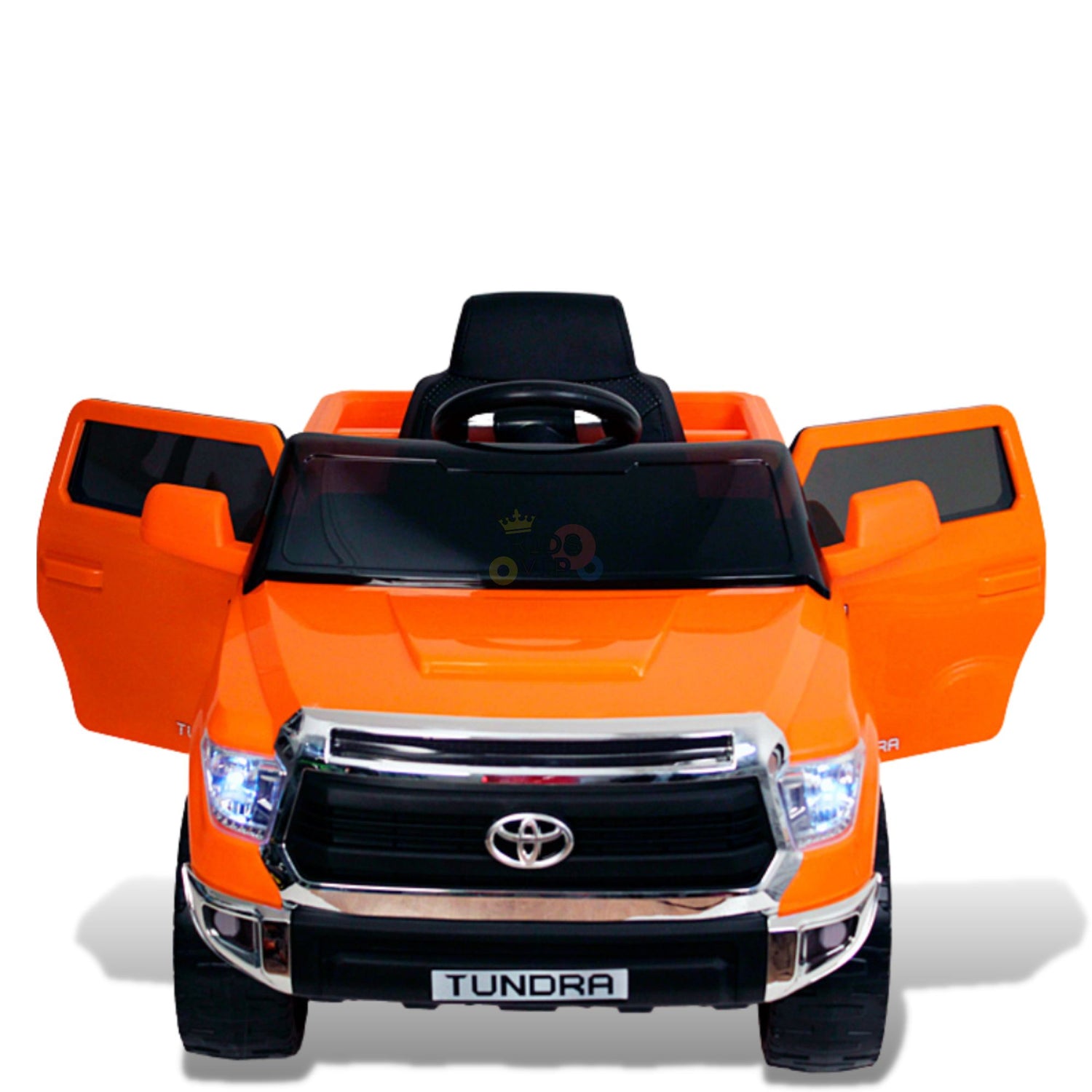 The Orange 12V Licensed Upgraded Toyota Tundra 1 Seater Kids Ride On Truck features a bright orange exterior with opening doors, blue headlights, and a black interior, all set against a plain white background.