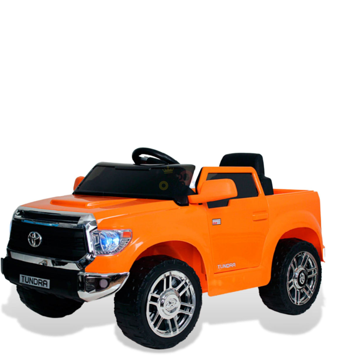 The Orange 12V Licensed Upgraded Toyota Tundra 1 Seater Kids Ride On Truck with RC features a chrome-like grille, side mirrors, alloy-style wheels, and realistic headlights, all set against a plain white background.