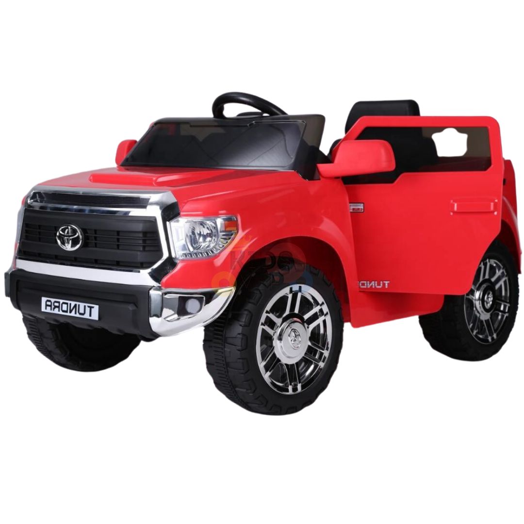 The Red 12V Licensed Upgraded Toyota Tundra 1 Seater Kids Ride On Truck features realistic details like a chrome grille and black wheels. Its open-top design allows child seating with a visible dashboard, while the parental remote control ensures safe fun.