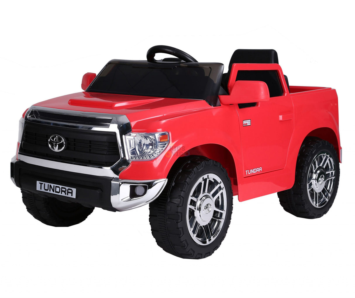 The Red 12V Licensed Upgraded Toyota Tundra 1 Seater Kids Ride On Truck features a black steering wheel, silver accents, large black tires, a shiny front grille, and includes a parental remote control for added safety.