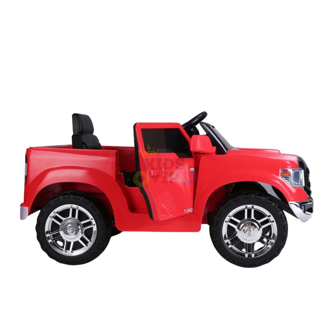 Feel the excitement of driving with the Red 12V Licensed Upgraded Toyota Tundra 1 Seater Kids Ride-On Truck. This electric car features silver wheels, open doors, a steering wheel, a black seat, detailed front lights and grill, plus a parental remote control for safe adventures!.