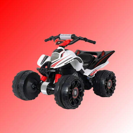 A white and black toy ATV with red accents and large black wheels is set against a red gradient background.