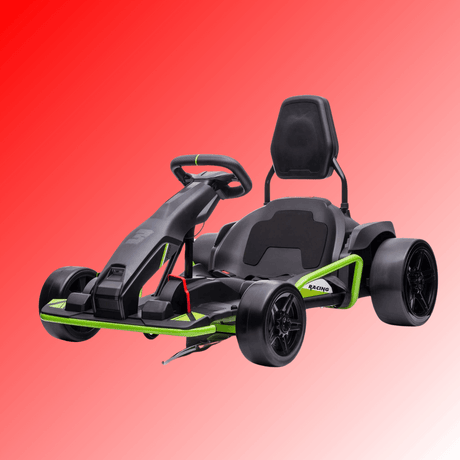 A sleek black and green go-kart with a minimalist design on a red gradient background. The go-kart features large wheels and a prominent steering wheel, emphasizing a sporty and modern look.