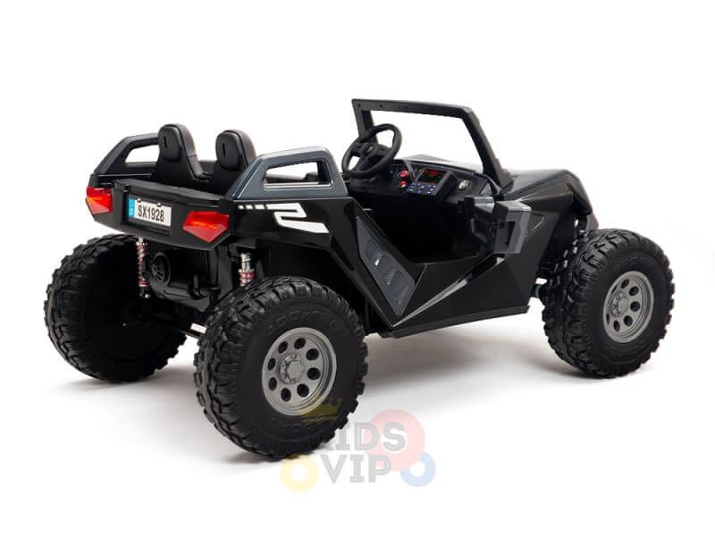 A black Kids XXL Ride On UTV, crafted with a 24V/4X4 design, features large rubber wheels, two seats, and a steering wheel. This modern ride showcases an angular design with an open dashboard and sides for an adventurous feel.
