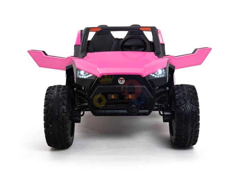 Introducing the Pink 24V/4X4 Dune Buggy Ride On UTV, featuring large black rubber wheels, LED headlights, and a sporty open-top design with angular lines. This Kids XXL Edition is perfectly positioned to showcase its rugged charm.