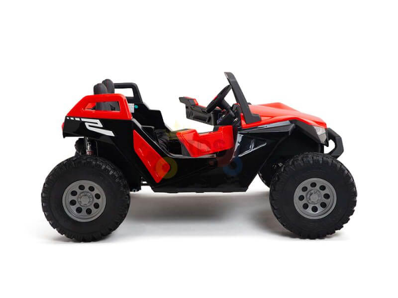 A side view of the Red 24V/4X4 Dune Buggy Ride On UTV shows its off-road design with a black and red color scheme, large wheels, and open-top. It features two small seats, a steering wheel for endless kid adventures, and includes Parental Remote Control.
