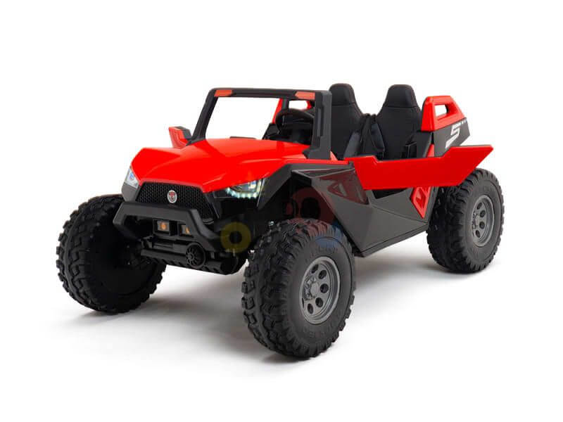 The Red 24V/4X4 Dune Buggy Ride On UTV features a bold grill, LED headlights, large rubber tires, and open seating for two. Styled with an angular design in red and black, its displayed facing slightly left on a white background.